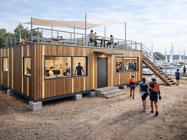 Модульное здание из морских контейнеров для яхт-клуба - торговый павильон, санблок и кафе на крыше без капитального строительства